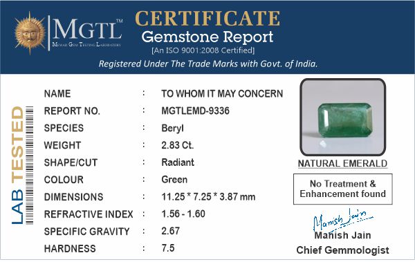Zambian Emerald - 2.83 Carat Prime Quality EMD-9336