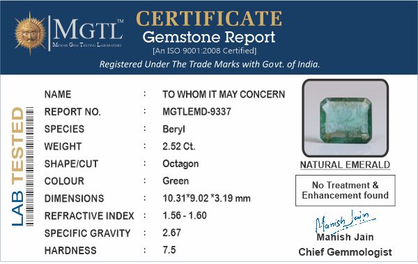 Zambian Emerald - 2.52 Carat Prime Quality EMD-9337