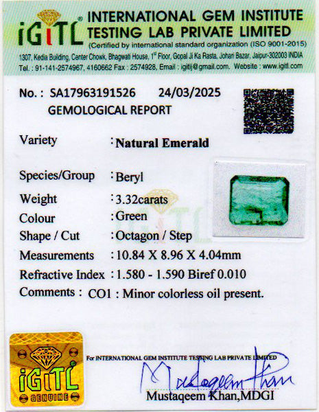Zambian Emerald - 3.32 Carat Prime Quality EMD-9339