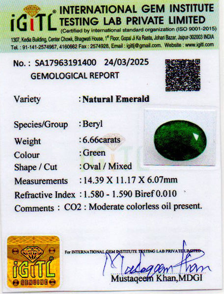 Zambian Emerald - 6.66 Carat Prime Quality EMD-9364