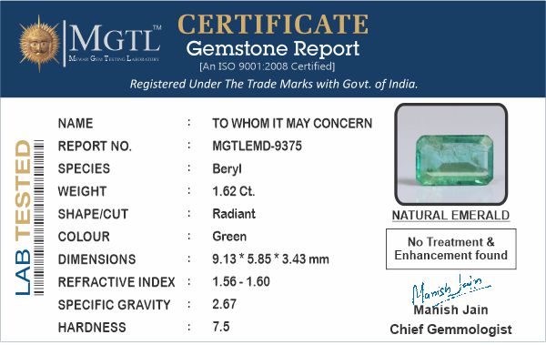 Zambian Emerald - 1.62 Carat Rare Quality EMD-9375