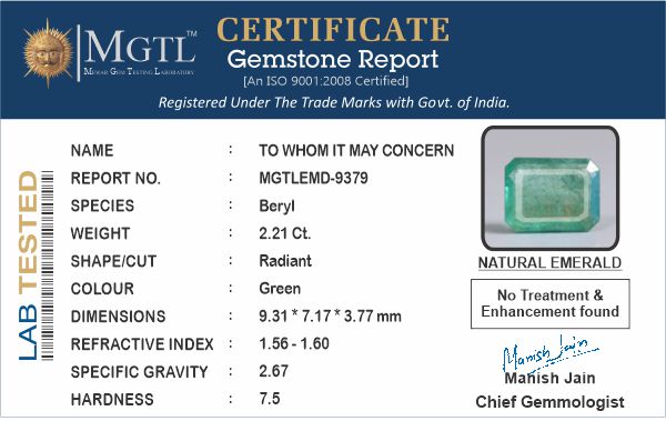 Zambian Emerald - 2.21 Carat Prime Quality EMD-9379