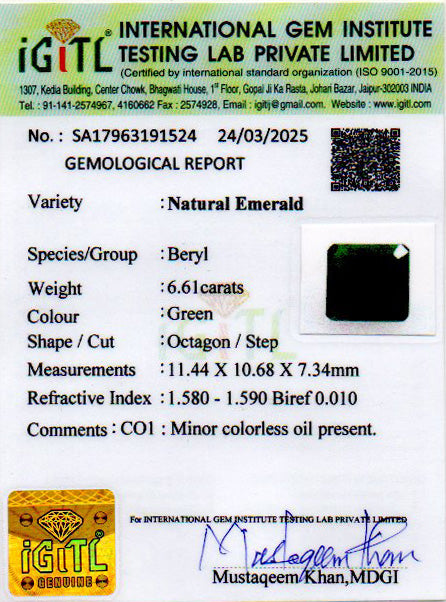 Zambian Emerald - 6.61 Carat Prime Quality EMD-9434