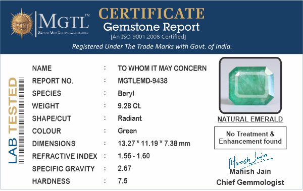 Zambian Emerald - 9.28 Carat Prime Quality EMD-9438