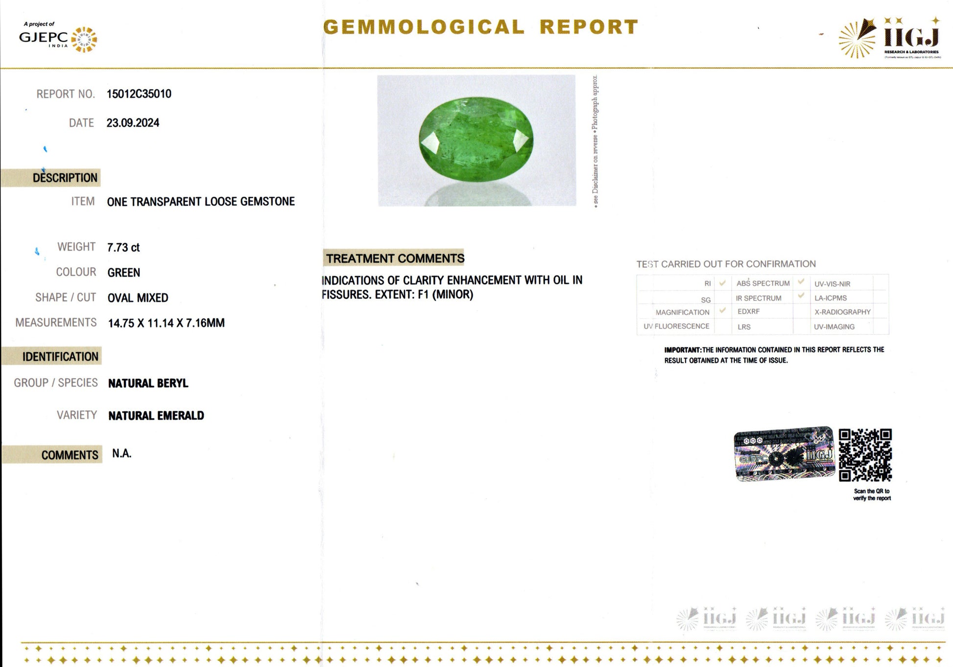 Zambian Emerald - 7.73 Carat Prime  Quality EMD-9441