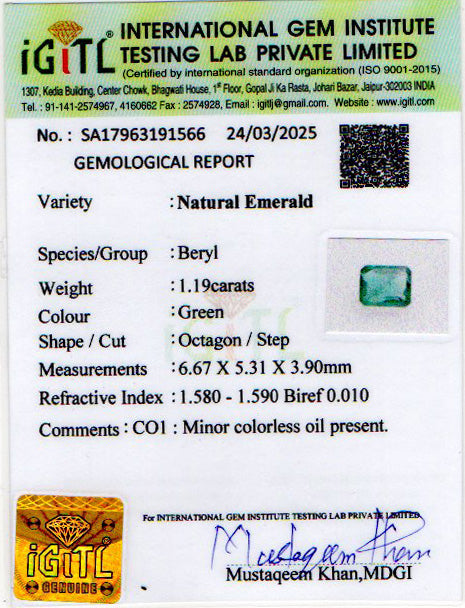 Colombian Emerald - 1.19 Carat Rare Quality EMD-9466