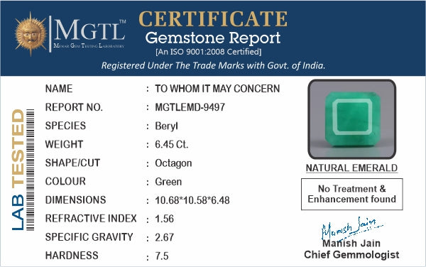 Zambian Emerald - 6.45 Carat Fine Quality EMD-9497
