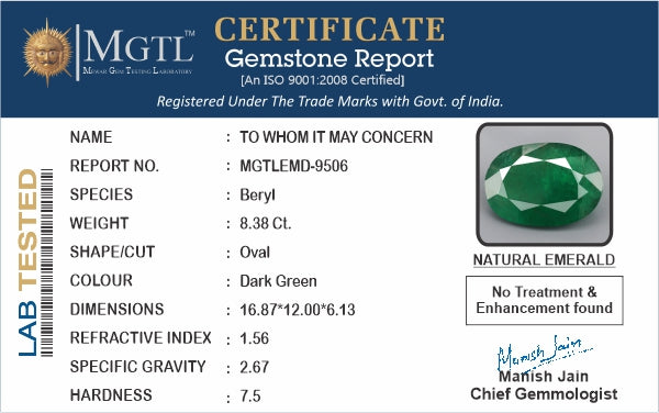 Zambian Emerald - 8.38 Carat Prime Quality EMD-9506