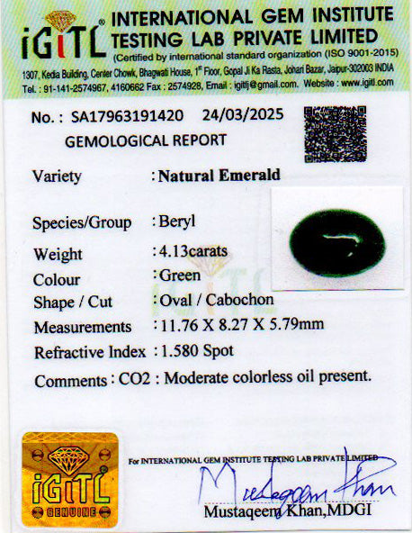 Zambian Emerald - 4.13 Carat Prime Quality EMD-9514