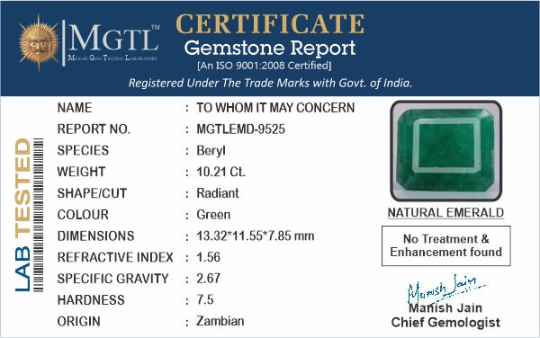 Zambian Emerald - 10.21 Carat Prime Quality EMD-9525