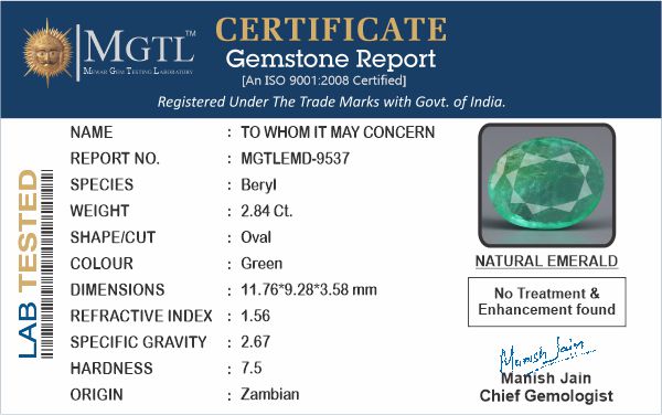 Zambian Emerald - 2.84 Carat Prime Quality EMD-9537