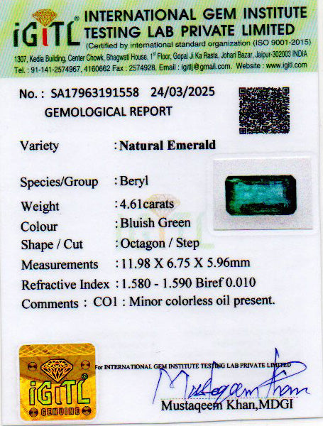Zambian Emerald - 4.61 Carat Prime Quality EMD-9542