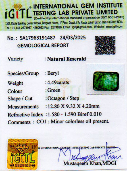 Zambian Emerald - 4.49 Carat Prime Quality EMD-9545
