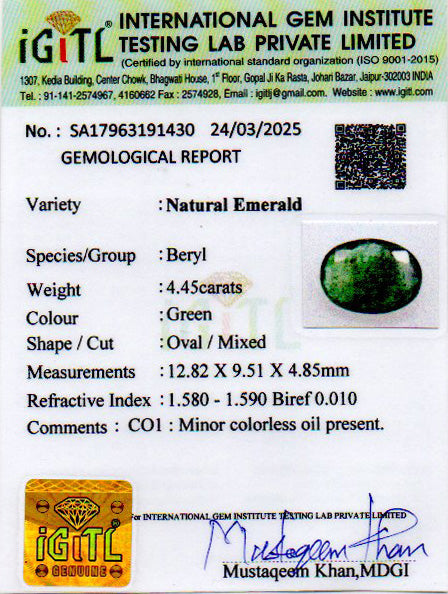 Zambian Emerald - 4.45 Carat Prime Quality EMD-9546