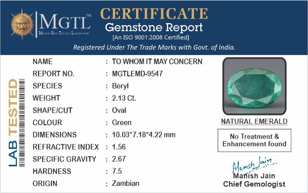 Zambian Emerald - 2.13 Carat Prime Quality EMD-9547