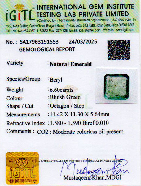 Zambian Emerald - 6.60 Carat Prime Quality EMD-9566