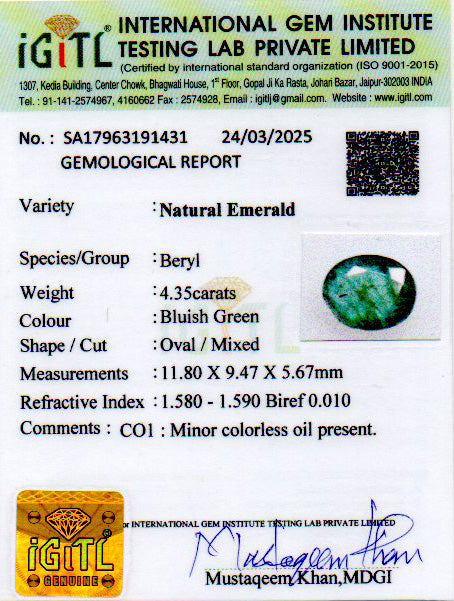 Zambian Emerald - 4.35 Carat Prime Quality EMD-9567