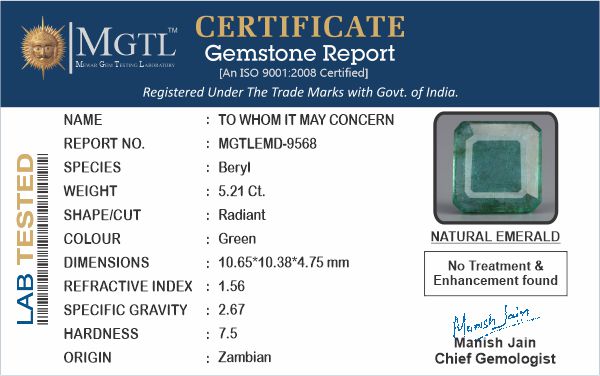 Zambian Emerald - 5.21 Carat Prime Quality EMD-9568