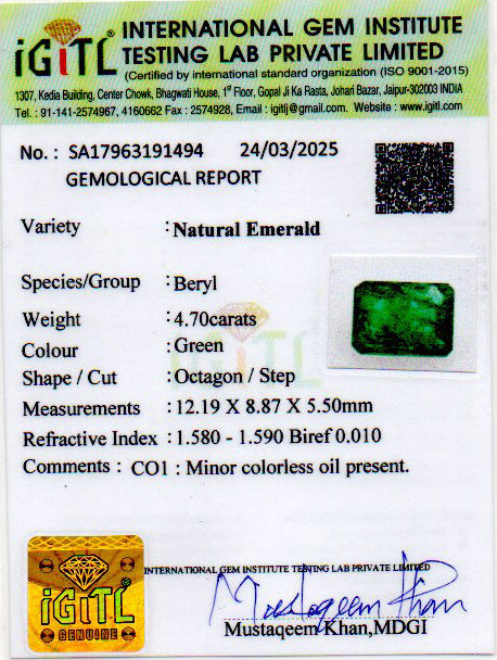 Zambian Emerald - 4.70 Carat Prime Quality EMD-9571