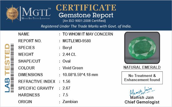 Zambian Emerald - 2.44 Carat Prime Quality EMD-9580