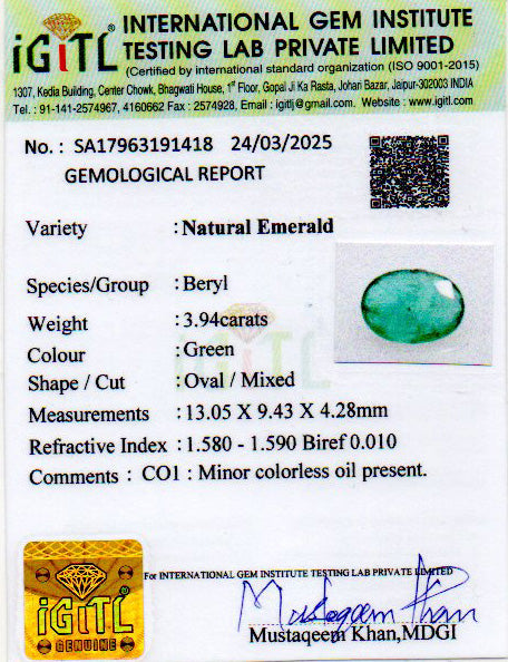 Zambian Emerald - 3.94 Carat Prime Quality EMD-9584
