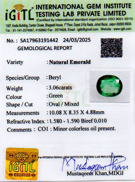 Zambian Emerald - 3.06 Carat Prime Quality EMD-9586