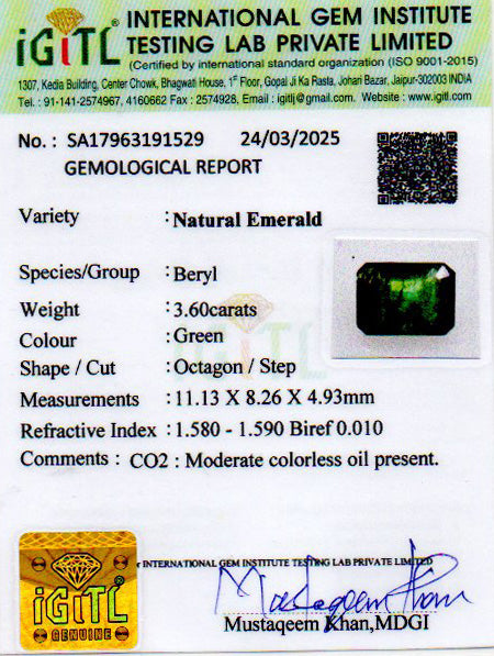 Zambian Emerald - 3.60 Carat Prime Quality EMD-9593