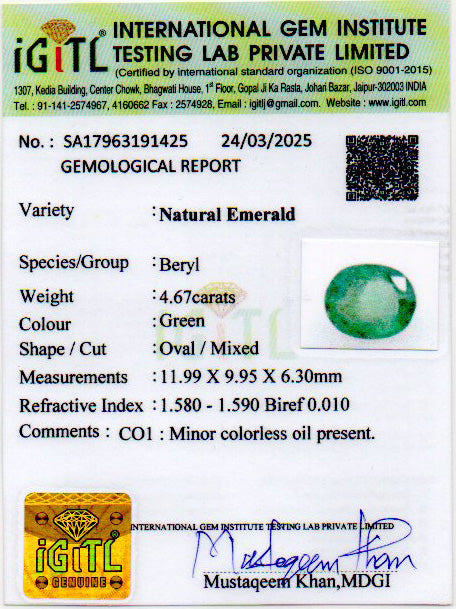 Zambian Emerald - 4.67 Carat Prime Quality EMD-9601