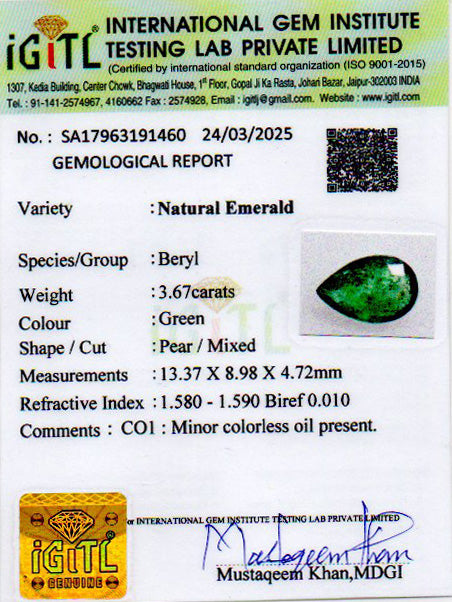 Zambian Emerald - 3.67 Carat Prime Quality EMD-9607