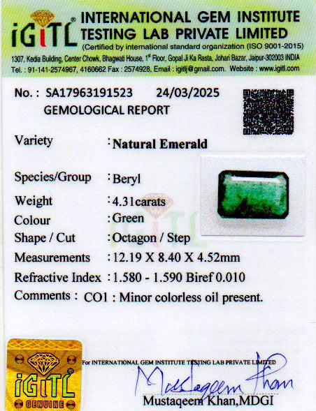 Zambian Emerald - 4.31 Carat Prime Quality EMD-9608