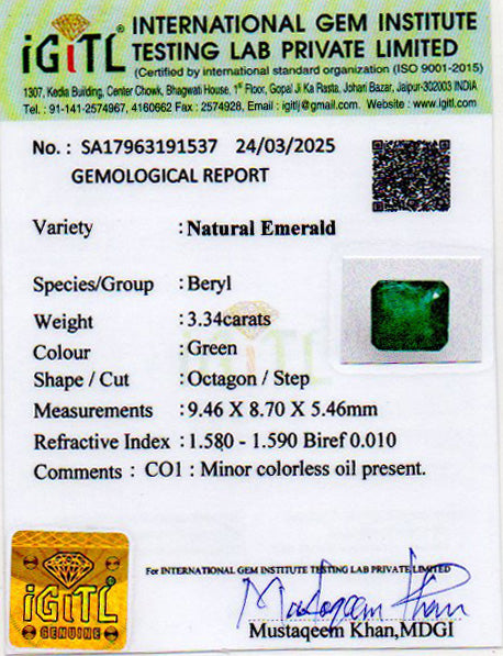 Zambian Emerald - 3.34 Carat Prime Quality EMD-9616
