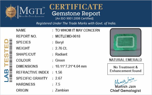 Zambian Emerald - 2.76 Carat Prime Quality EMD-9618