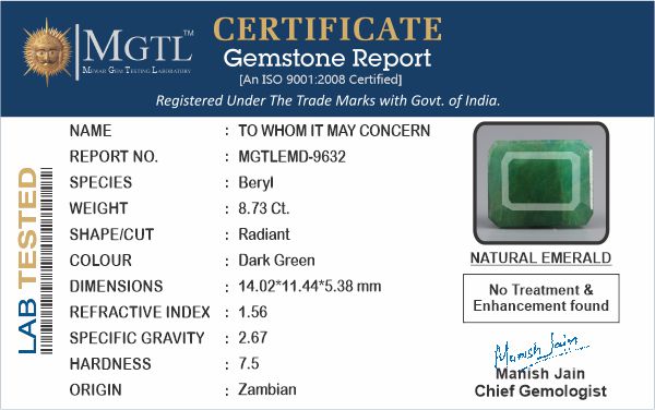 Zambian Emerald - 8.73 Carat Prime Quality EMD-9632