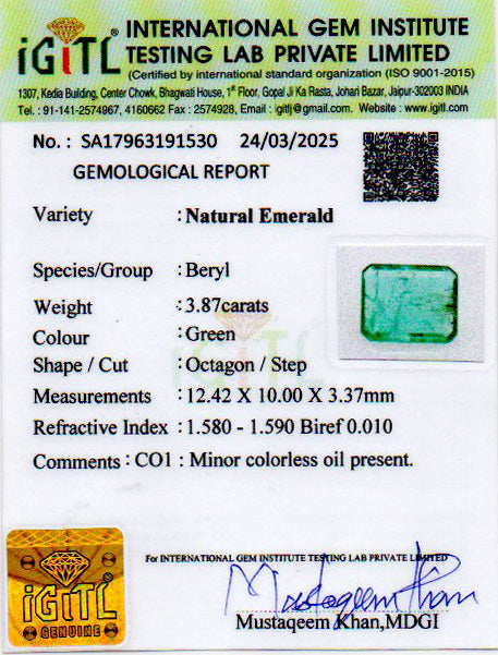 Zambian Emerald - 3.87 Carat Prime Quality EMD-9645