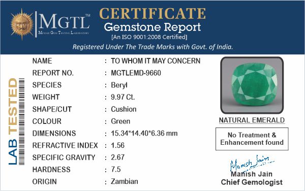 Zambian Emerald - 9.97 Carat Prime Quality EMD-9660