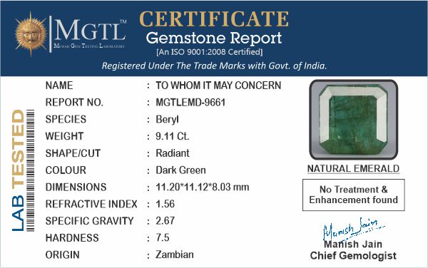 Zambian Emerald - 9.11 Carat Prime Quality  EMD-9661