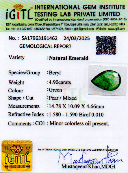 Zambian Emerald - 4.90 Carat Prime Quality EMD-9670