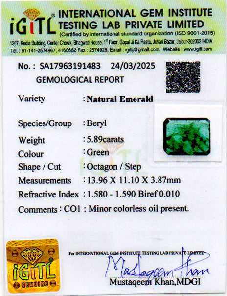 Zambian Emerald - 5.89 Carat Prime Quality EMD-9672
