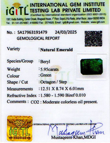 Zambian Emerald - 5.95 Carat Prime Quality EMD-9677