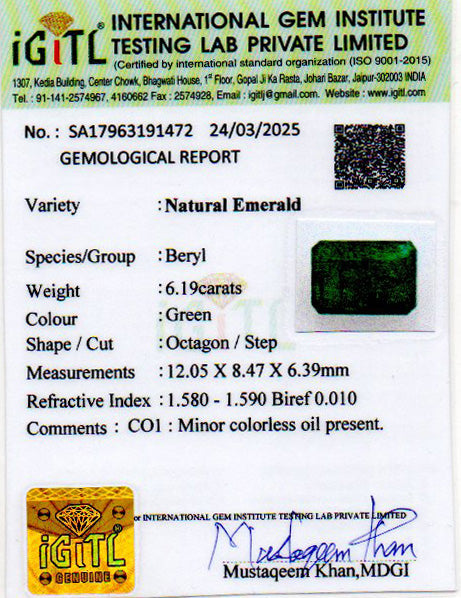 Zambian Emerald - 6.19 Carat Prime Quality EMD-9702