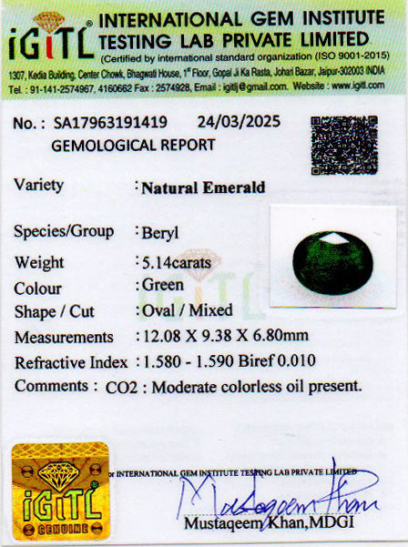 Zambian Emerald - 5.14 Carat Prime Quality EMD-9704
