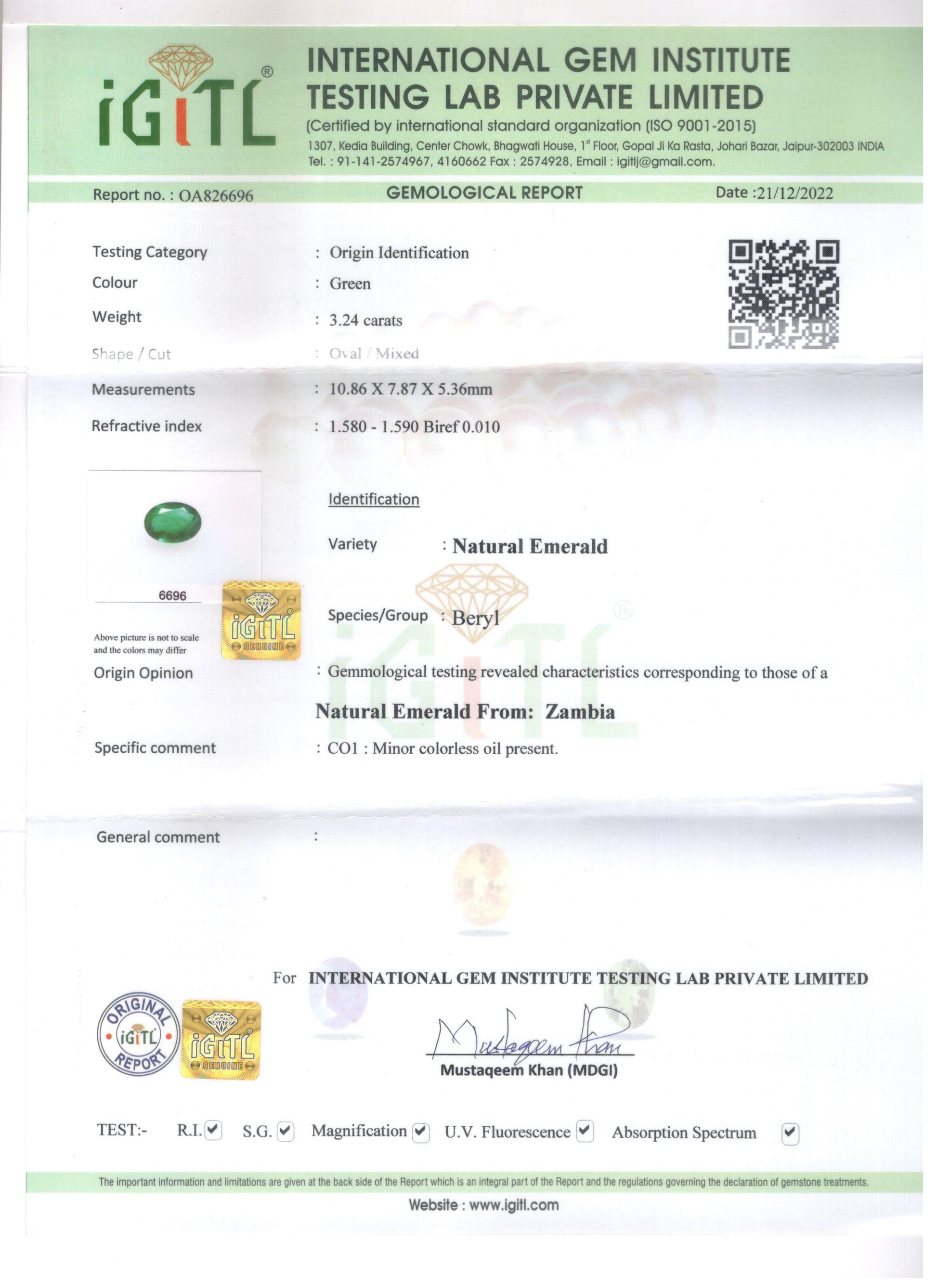 Zambian Emerald - 3.24 Carat Rare Quality EMD-9721