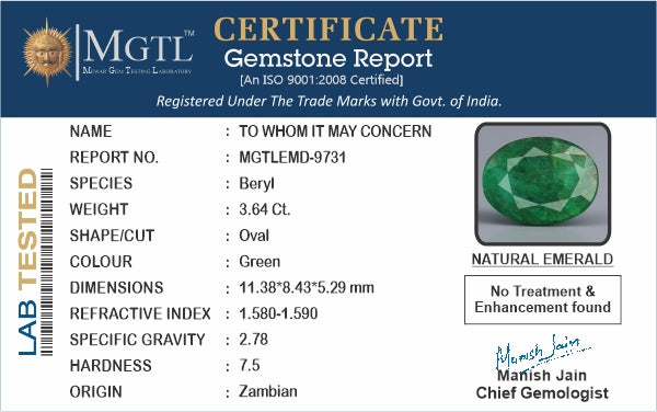 Zambian Emerald - 3.64 Carat Fine Quality EMD-9731