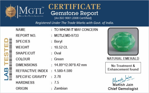 Zambian Emerald - 10.52 Carat Fine Quality EMD-9733