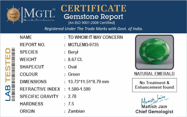 Zambian Emerald - 8.67 Carat Fine Quality EMD-9735