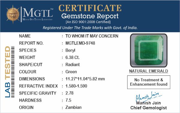 Zambian Emerald - 6.38 Carat Fine Quality  EMD-9748