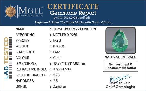 Zambian Emerald - 8.88 Carat Limited Quality  EMD-9760