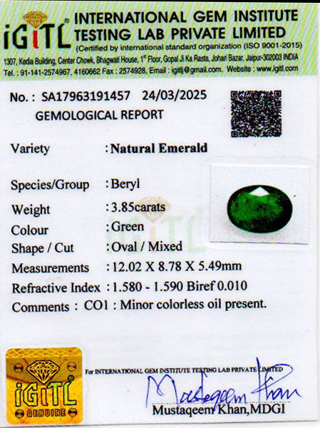 Zambian Emerald - 3.85 Carat Prime Quality EMD-9769
