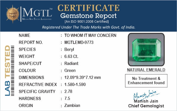 Zambian Emerald - 6.63 Carat Rare Quality EMD-9773