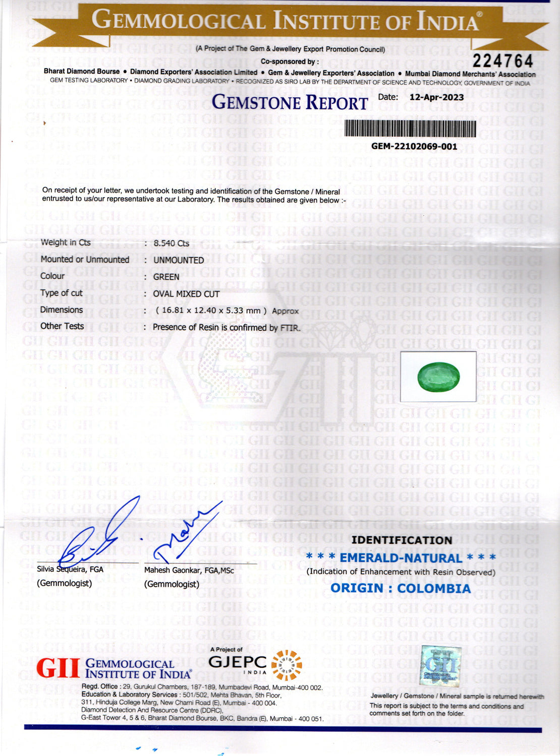 Colombian Emerald - 8.54 Carat Rare Quality EMD-9784